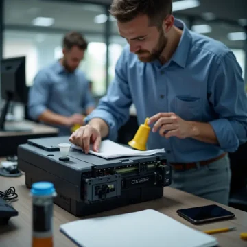 Kỹ thuật viên đang đổ mực vào hộp mực máy in laser tại một văn phòng ngăn nắp, với các công cụ đổ mực.