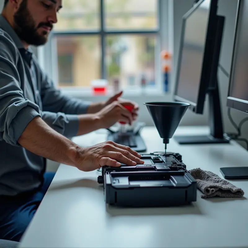 Kỹ thuật viên đổ mực cho cartridge máy in laser với các dụng cụ và mực in tại văn phòng.