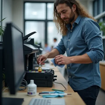 Kỹ thuật viên đang đổ mực vào hộp mực máy in laser tại văn phòng với công cụ đúng chuẩn.