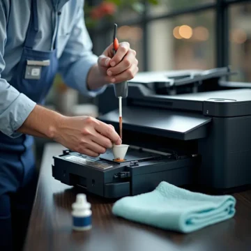 Kỹ thuật viên cẩn thận đổ mực vào hộp mực máy in laser tại bàn làm việc văn phòng, với các công cụ và vật dụng cần thiết.