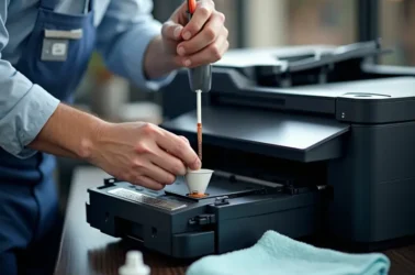 Kỹ thuật viên cẩn thận đổ mực vào hộp mực máy in laser tại bàn làm việc văn phòng, với các công cụ và vật dụng cần thiết.