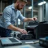 Technician refilling a monochrome printer cartridge with toner in an office setting, with tools visible.