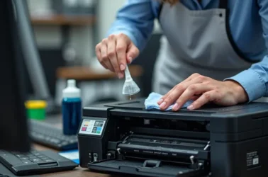 Technician refilling a printer cartridge with toner in an office setting, tools visible.