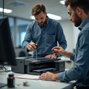 Technician refilling mono printer cartridge with toner at an office, showcasing tools and supplies in the scene.